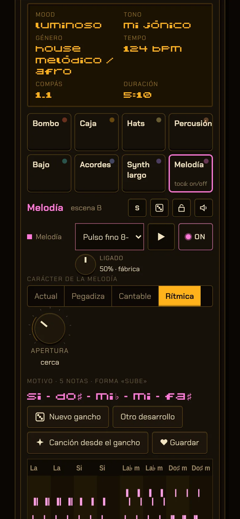 The Studio on a phone: a display with mood, key, genre and tempo, pads for the 8 channels and the melody editor